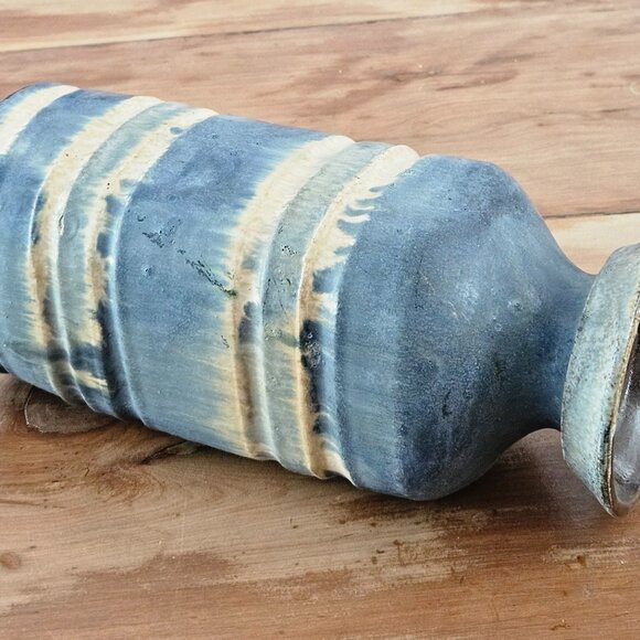 Drip glaze, blue, tan & grey layered Handcrafted studio art pottery vase - Picture 4 of 11